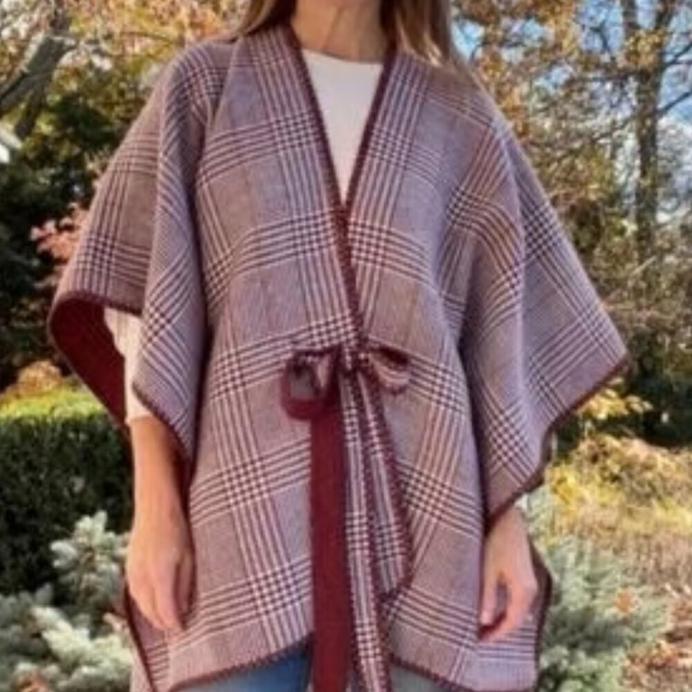 Cabi Reversible Winter Wrap  XS/S Burgundy And Cream Houndstooth Check Women's